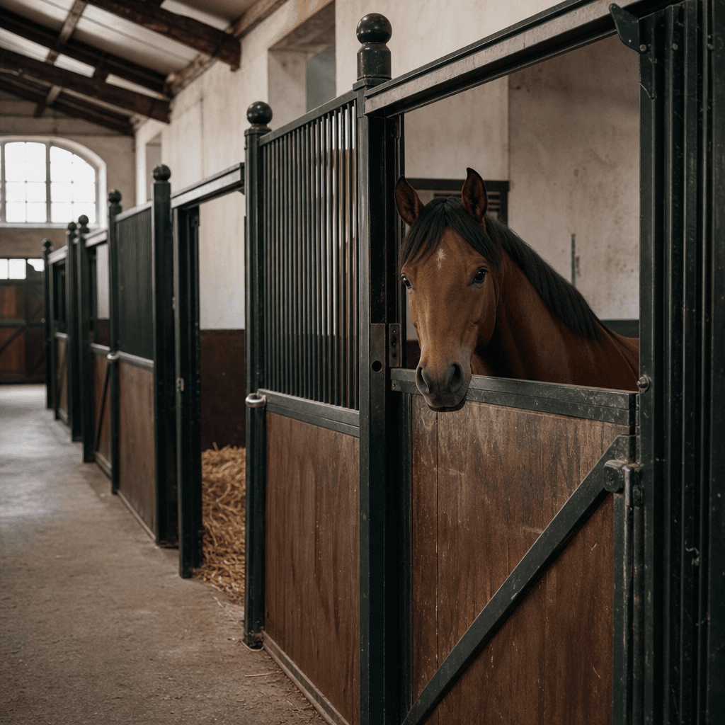 Un cheval bai regarde par-dessus la porte de son box dans une écurie